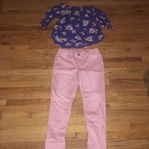Large floral top and medium pink pants